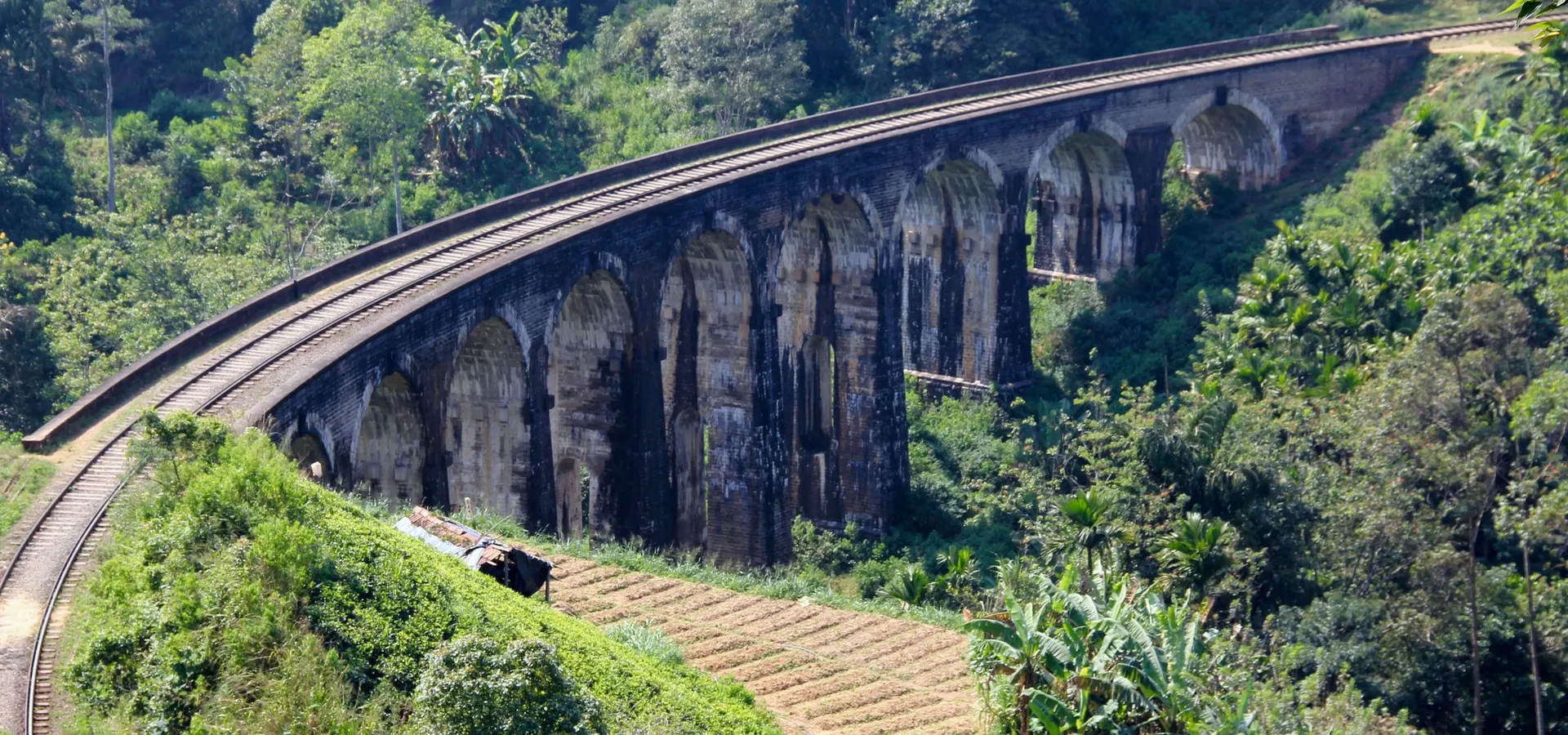 The Nine Arch Bridge curving through tea and jungle near Ella